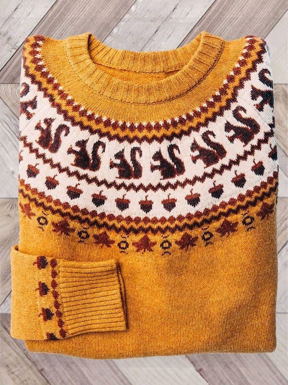 Dame striktrøje med Fair Isle-mønster, rund hals og lange ærmer