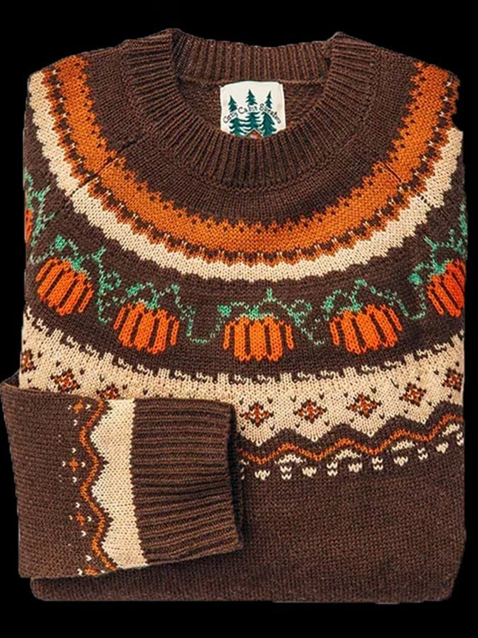 Dame striktrøje med Fair Isle-mønster, rund hals og lange ærmer