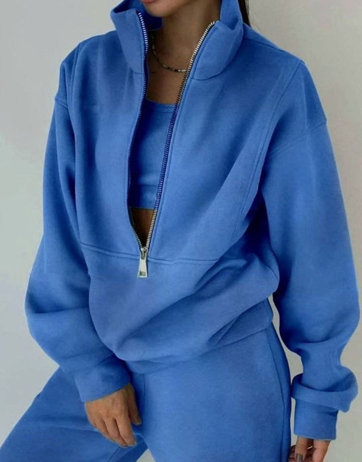Damesæt med cropped sweatshirt med høj krave og matchende lange bukser