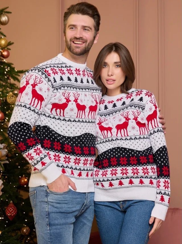 Unisex juletrøje med rensdyr, snefnug og zigzagstriber